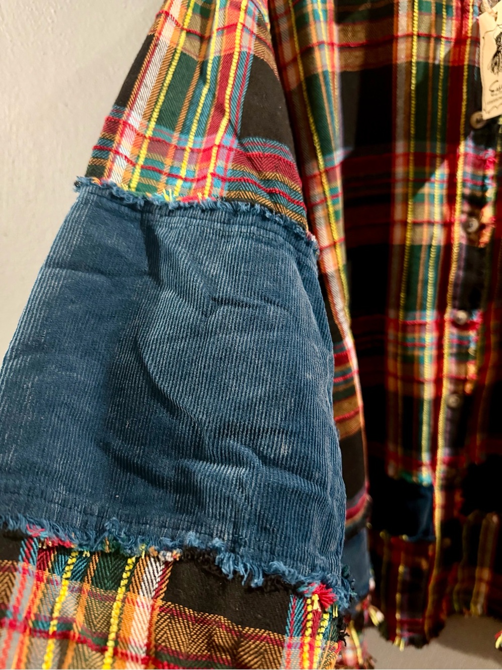 easel Multicolor Plaid Button-Down Shacket with Blue Corduroy Trim - Picture 2 of 10